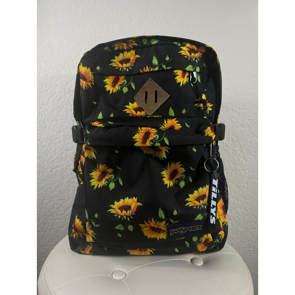 JanSport Sunflower Print Backpack Black Floral School Bag with Tilly's Keychain
